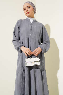 Yarım Düğmeli Patlı Kat Elbise Gri - Tesettür Elbise