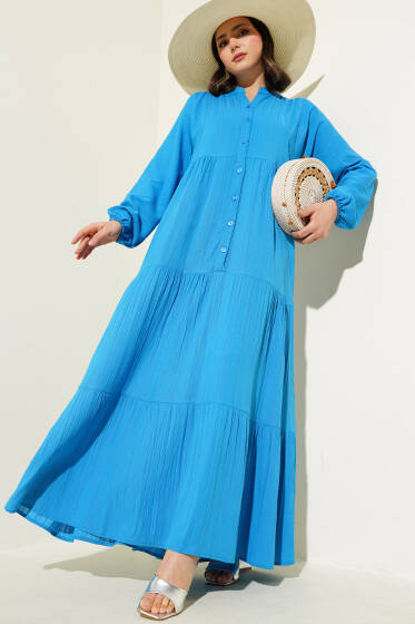 Yarım Düğmeli Patlı Kat Elbise Mavi - Elbise