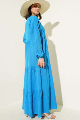 Yarım Düğmeli Patlı Kat Elbise Mavi - Tesettür Elbise