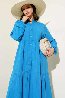 Yarım Düğmeli Patlı Kat Elbise Mavi - Tesettür Elbise