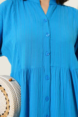 Yarım Düğmeli Patlı Kat Elbise Mavi - Tesettür Elbise