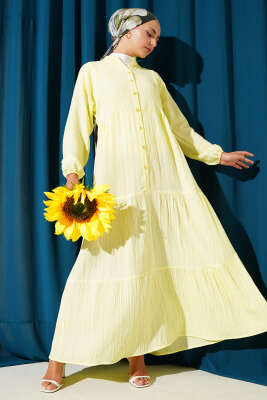 Yarım Düğmeli Patlı Kat Elbise Sarı 