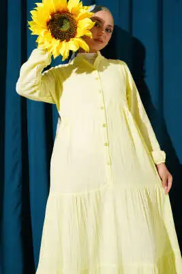 Yarım Düğmeli Patlı Kat Elbise Sarı - Tesettür Elbise