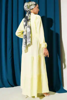 Yarım Düğmeli Patlı Kat Elbise Sarı - Tesettür Elbise