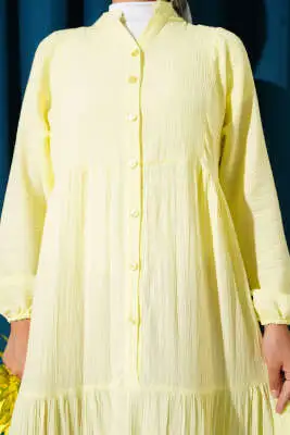 Yarım Düğmeli Patlı Kat Elbise Sarı - Tesettür Elbise