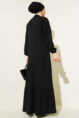 Yarım Düğmeli Patlı Kat Elbise Siyah - Tesettür Elbise