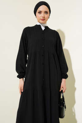 Yarım Düğmeli Patlı Kat Elbise Siyah - Tesettür Elbise