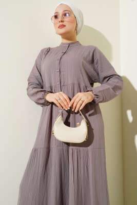 Yarım Düğmeli Patlı Kat Elbise Vizon - Tesettür Elbise