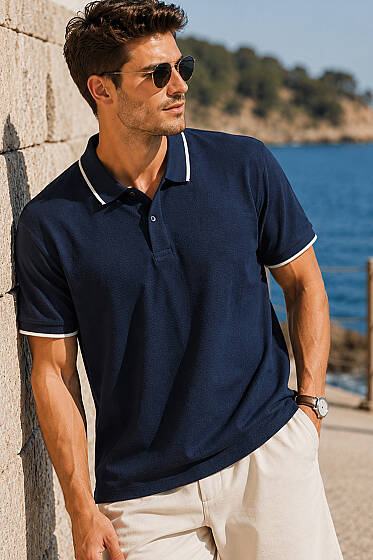 Yarım Düğmeli Polo Yaka Waffle Erkek T-shirt Lacivert - Erkek T-shirt