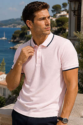 Yarım Düğmeli Polo Yaka Waffle Erkek T-shirt Pembe 