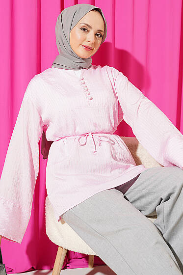 Yarım Düğmeli Pullu Çizgi Dikişli Tunik Pembe - Tunik