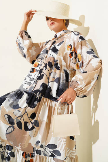 Yarım Düğmeli Renkli Yaprak Desenli Elbise Füme - Elbise