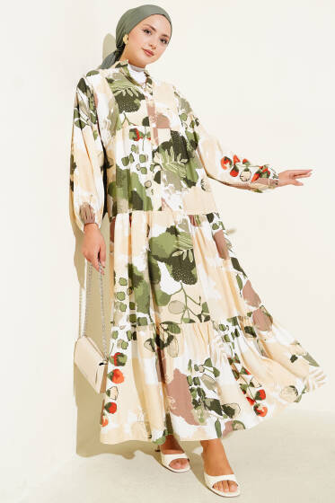 Yarım Düğmeli Renkli Yaprak Desenli Elbise Haki - Elbise