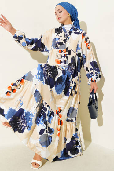 Yarım Düğmeli Renkli Yaprak Desenli Elbise Mavi - Elbise