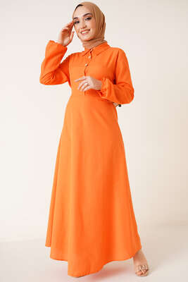Yarım Düğmeli Terikoton Elbise Oranj - Thumbnail