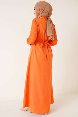 Yarım Düğmeli Terikoton Elbise Oranj - Thumbnail