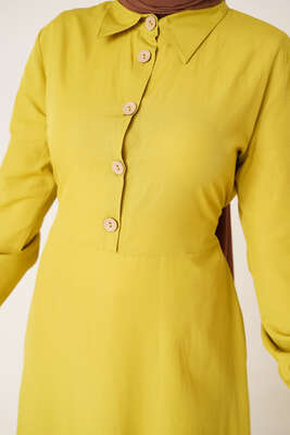 Yarım Düğmeli Terikoton Elbise Yağ Yeşili - Thumbnail