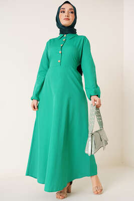 Yarım Düğmeli Terikoton Elbise Yeşil - Thumbnail