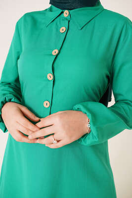Yarım Düğmeli Terikoton Elbise Yeşil - Thumbnail