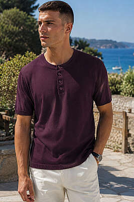 Yarım Düğmeli Triko Erkek T-shirt Bordo - EKSİ BİR