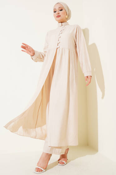 Yarım Düğmeli Uzun İkili Takım Bej - İkili Takım