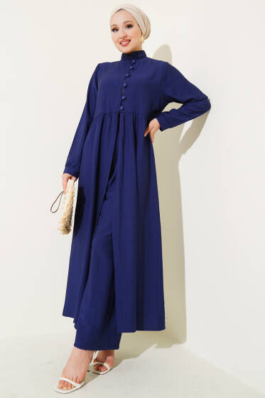 Yarım Düğmeli Uzun İkili Takım Lacivert - İkili Takım