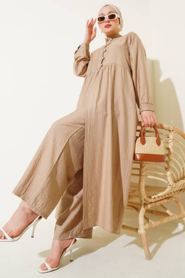 Yarım Düğmeli Uzun İkili Takım Latte - İkili Takım