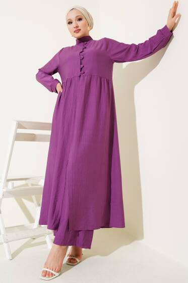 Yarım Düğmeli Uzun İkili Takım Mor - İkili Takım