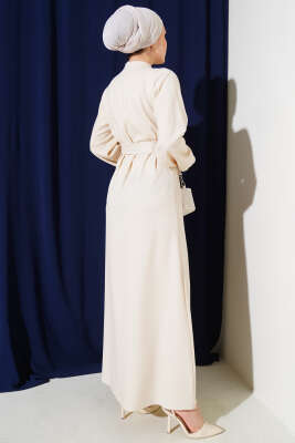 Yarım Düğmeli Yaka İpli Elbise Bej - Tesettür Elbise
