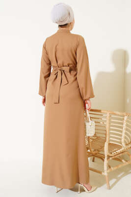 Yarım Düğmeli Yaka İpli Elbise Camel - Tesettür Elbise