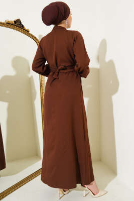 Yarım Düğmeli Yaka İpli Elbise Kahve - Tesettür Elbise