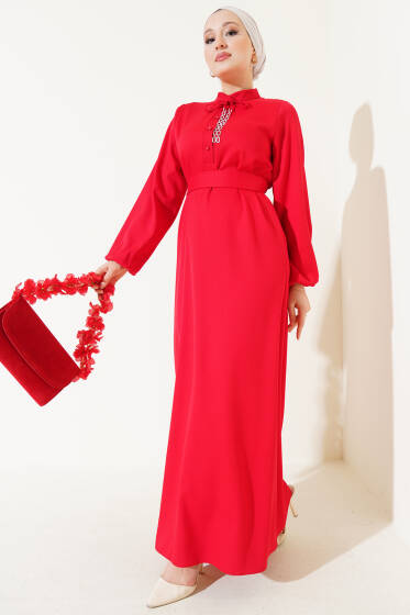 Yarım Düğmeli Yaka İpli Elbise Kırmızı - Tesettür Elbise