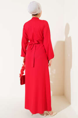 Yarım Düğmeli Yaka İpli Elbise Kırmızı - Tesettür Elbise