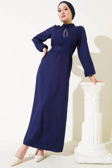 Yarım Düğmeli Yaka İpli Elbise Lacivert - Elbise