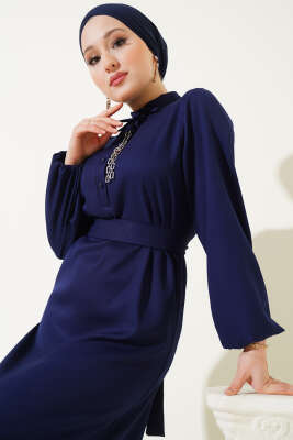 Yarım Düğmeli Yaka İpli Elbise Lacivert - Tesettür Elbise