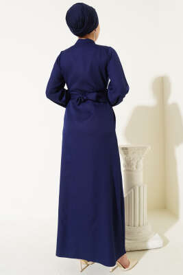 Yarım Düğmeli Yaka İpli Elbise Lacivert - Tesettür Elbise