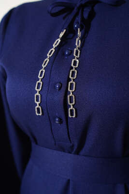 Yarım Düğmeli Yaka İpli Elbise Lacivert - Tesettür Elbise