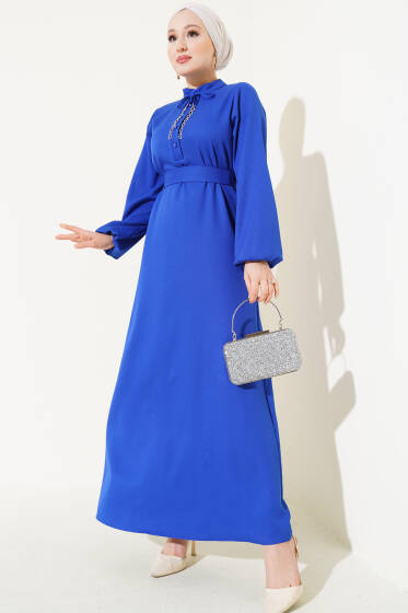 Yarım Düğmeli Yaka İpli Elbise Saks - Elbise