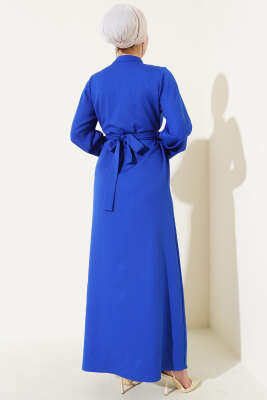 Yarım Düğmeli Yaka İpli Elbise Saks - Tesettür Elbise