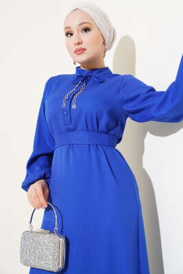 Yarım Düğmeli Yaka İpli Elbise Saks - Tesettür Elbise