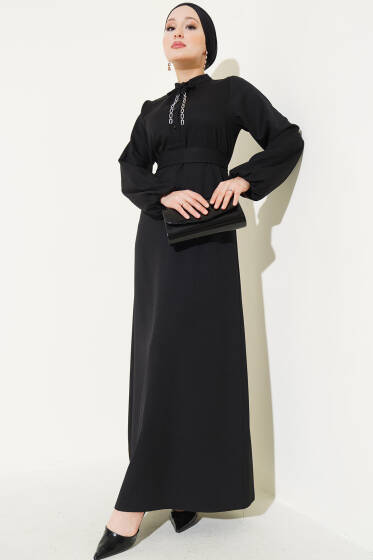 Yarım Düğmeli Yaka İpli Elbise Siyah - Elbise