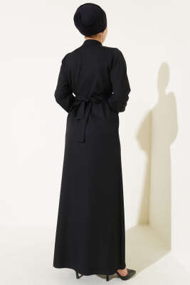 Yarım Düğmeli Yaka İpli Elbise Siyah - Tesettür Elbise