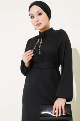 Yarım Düğmeli Yaka İpli Elbise Siyah - Tesettür Elbise