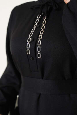 Yarım Düğmeli Yaka İpli Elbise Siyah - Tesettür Elbise