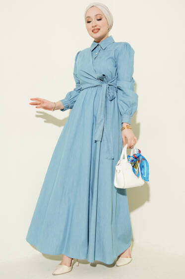 Yarım Düğmeli Yan Bağlamalı Kot Elbise Açık Mavi - Elbise