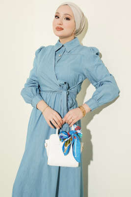 Yarım Düğmeli Yan Bağlamalı Kot Elbise Açık Mavi - Elbise