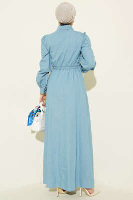 Yarım Düğmeli Yan Bağlamalı Kot Elbise Açık Mavi - Elbise