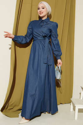 Yarım Düğmeli Yan Bağlamalı Kot Elbise Mavi - BERAT TEKSTİL