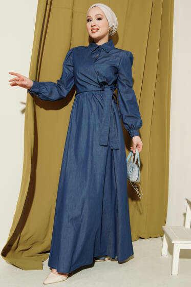 Yarım Düğmeli Yan Bağlamalı Kot Elbise Mavi - Elbise