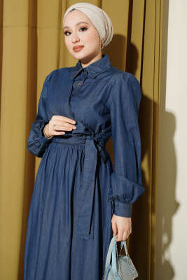 Yarım Düğmeli Yan Bağlamalı Kot Elbise Mavi - Elbise